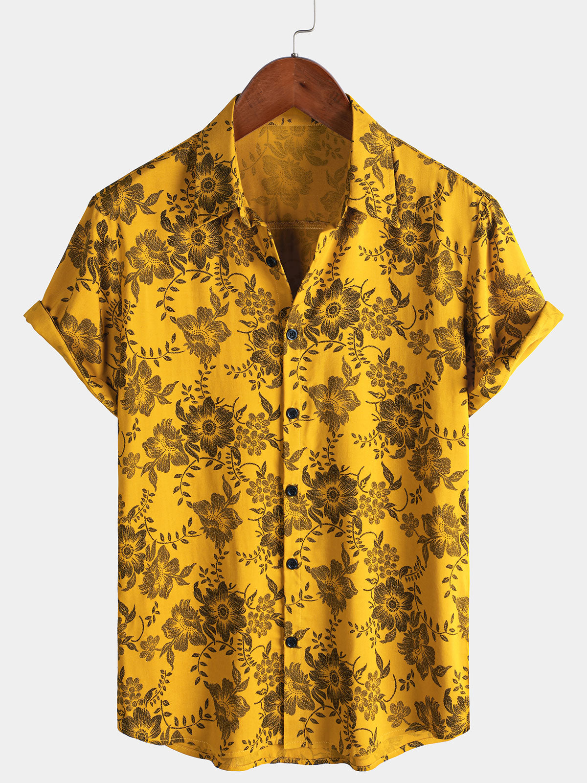 Camisa Yellow vintage floral estampado Holiday Hawaiian de manga corta para hombre