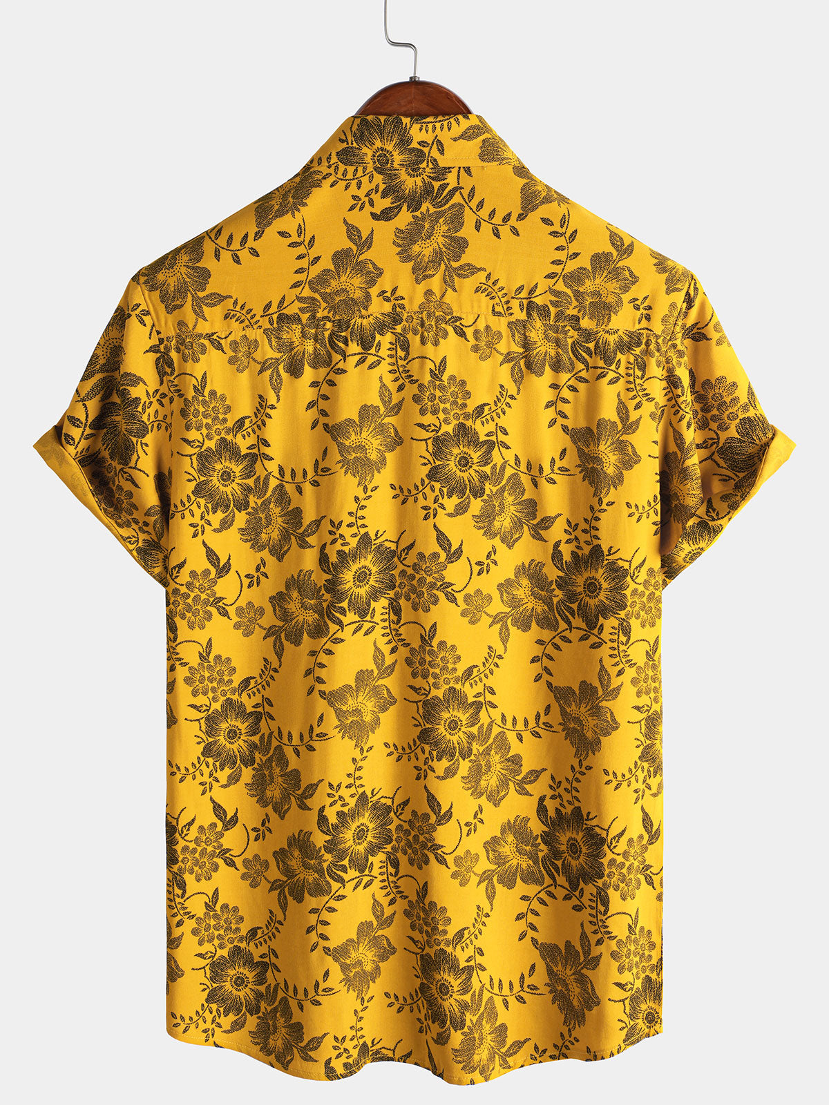 Camisa Yellow vintage floral estampado Holiday Hawaiian de manga corta para hombre