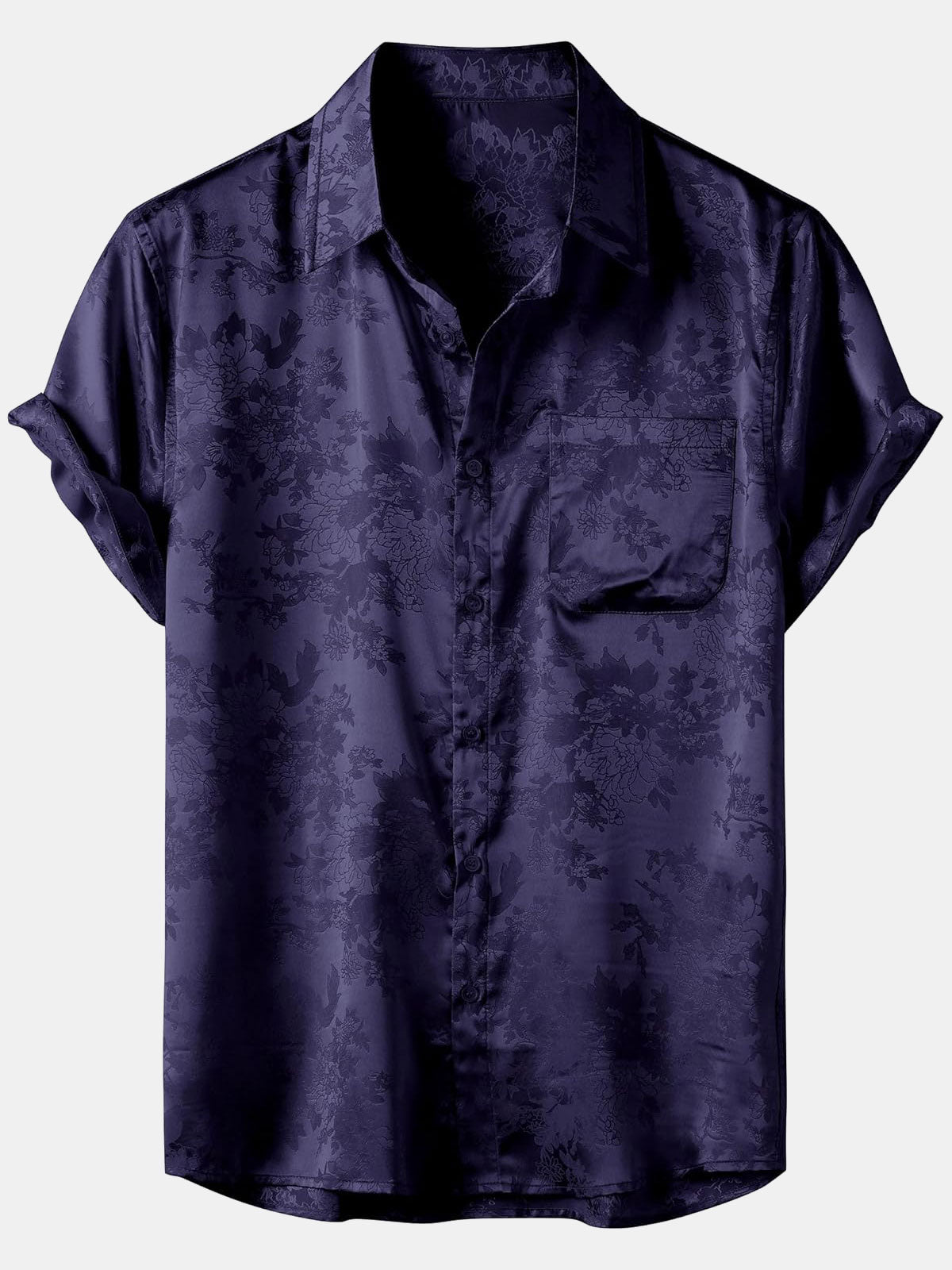 Camisa floral Jacquard Pocket Silky Satin de manga corta para hombre