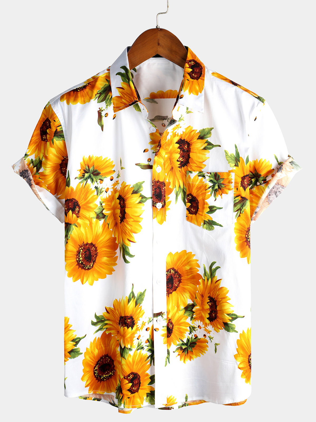 Camisa vintage Sunflower de algodón floral Pocket de manga corta Button Up para hombre