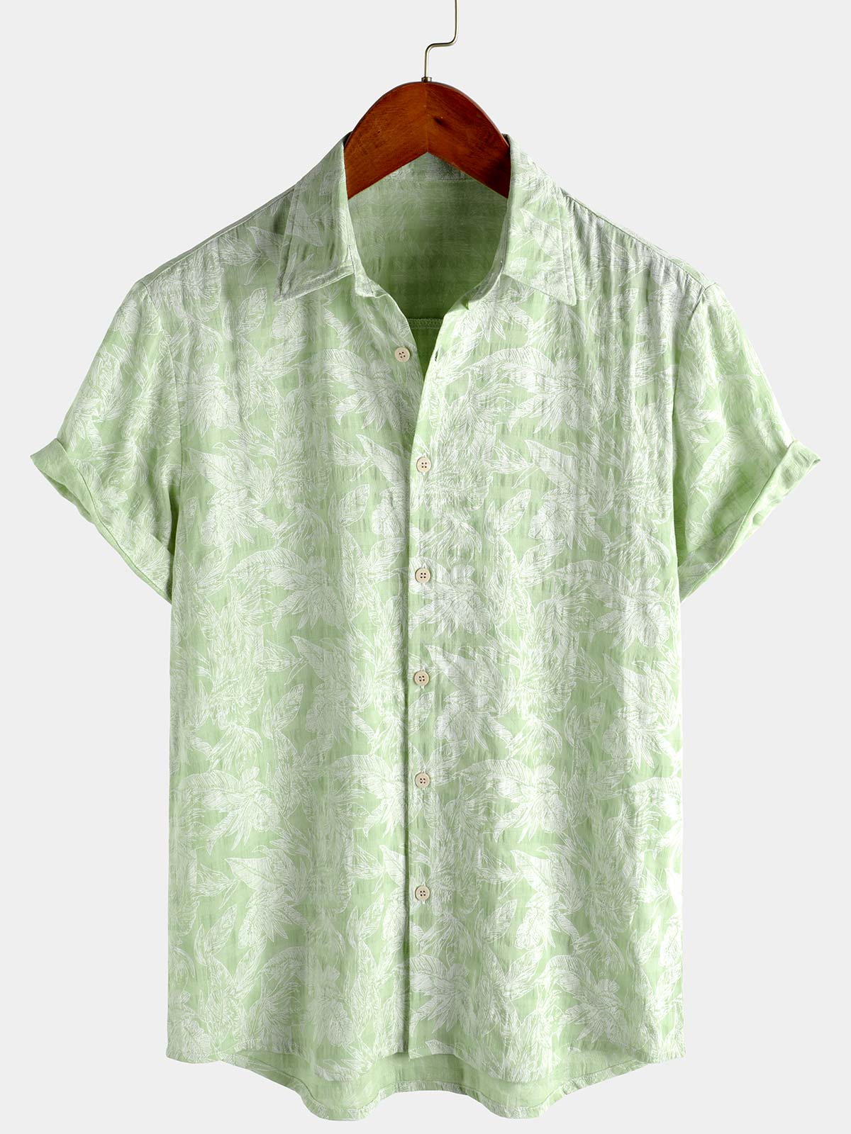Camisa Tropical Green Leaf de manga corta Summer Hawaiian para hombre