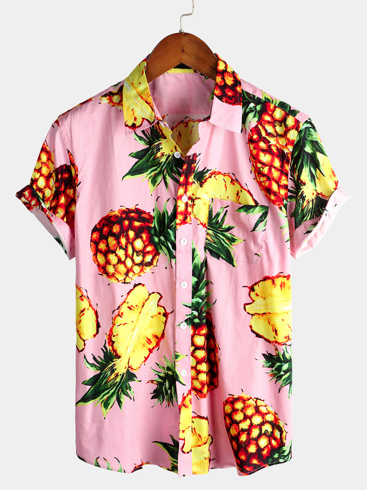 Camisa Pink Pineapple estampado Holiday Pocket de algodón para hombre