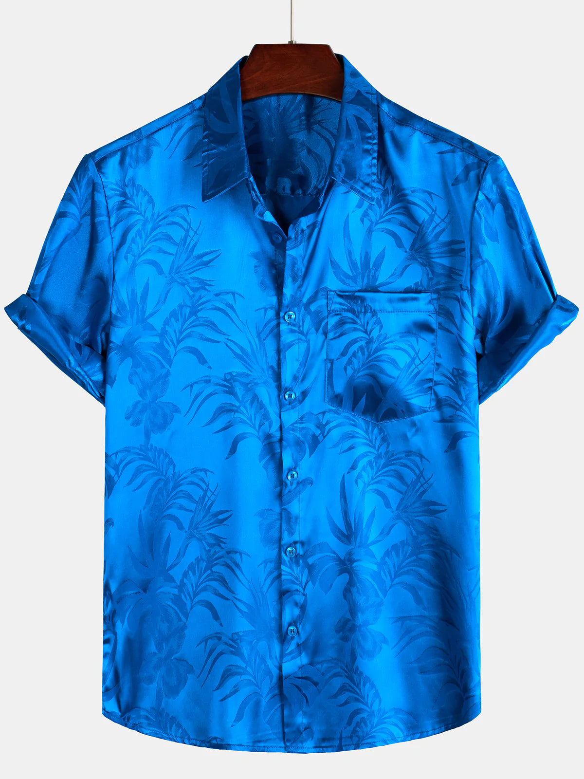 Camisa Jacquard Flowers Button Up Pocket floral Summer Cool de manga corta Tops Beach Vacation para hombre