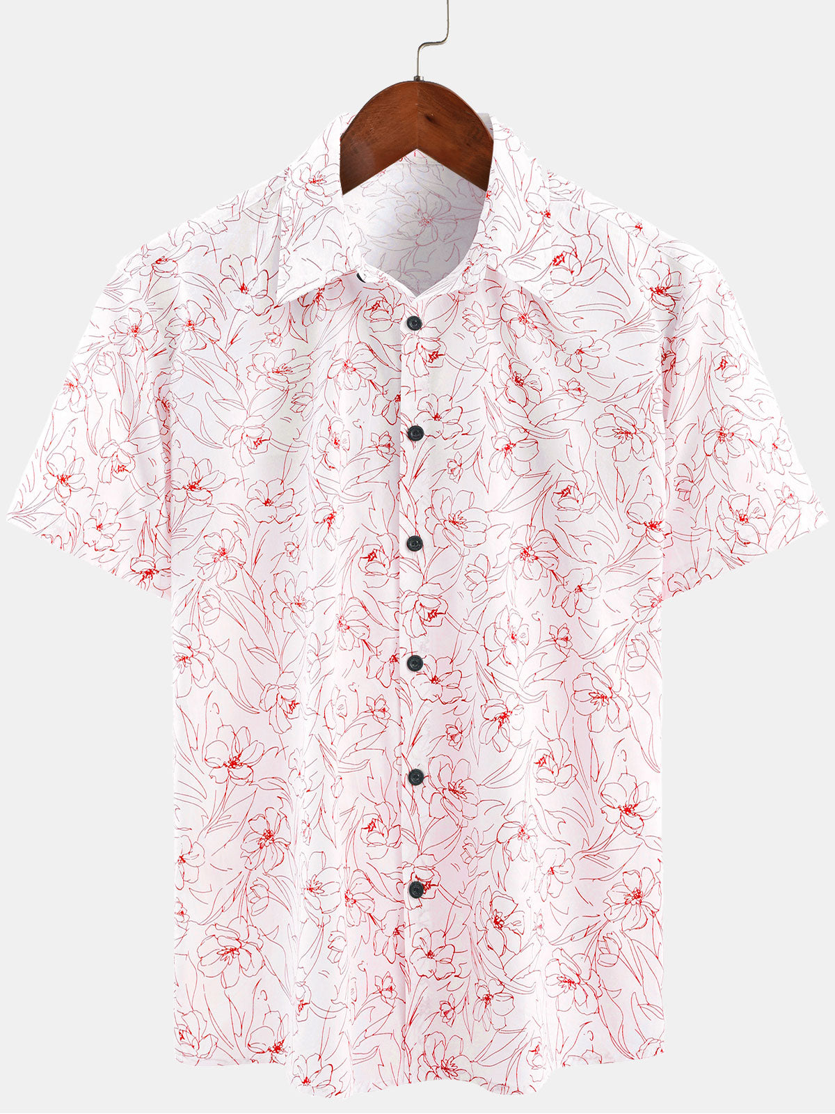 Camisa casual de algodón Line floral estampado Summer de manga corta para hombre