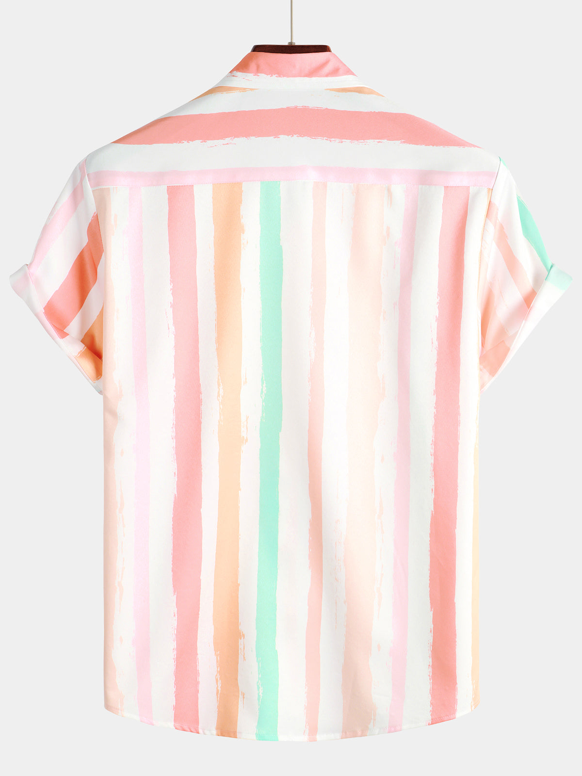 Camisa Summer Pink And White Vertical a rayas Pocket Button Up Rainbow de manga corta para hombre
