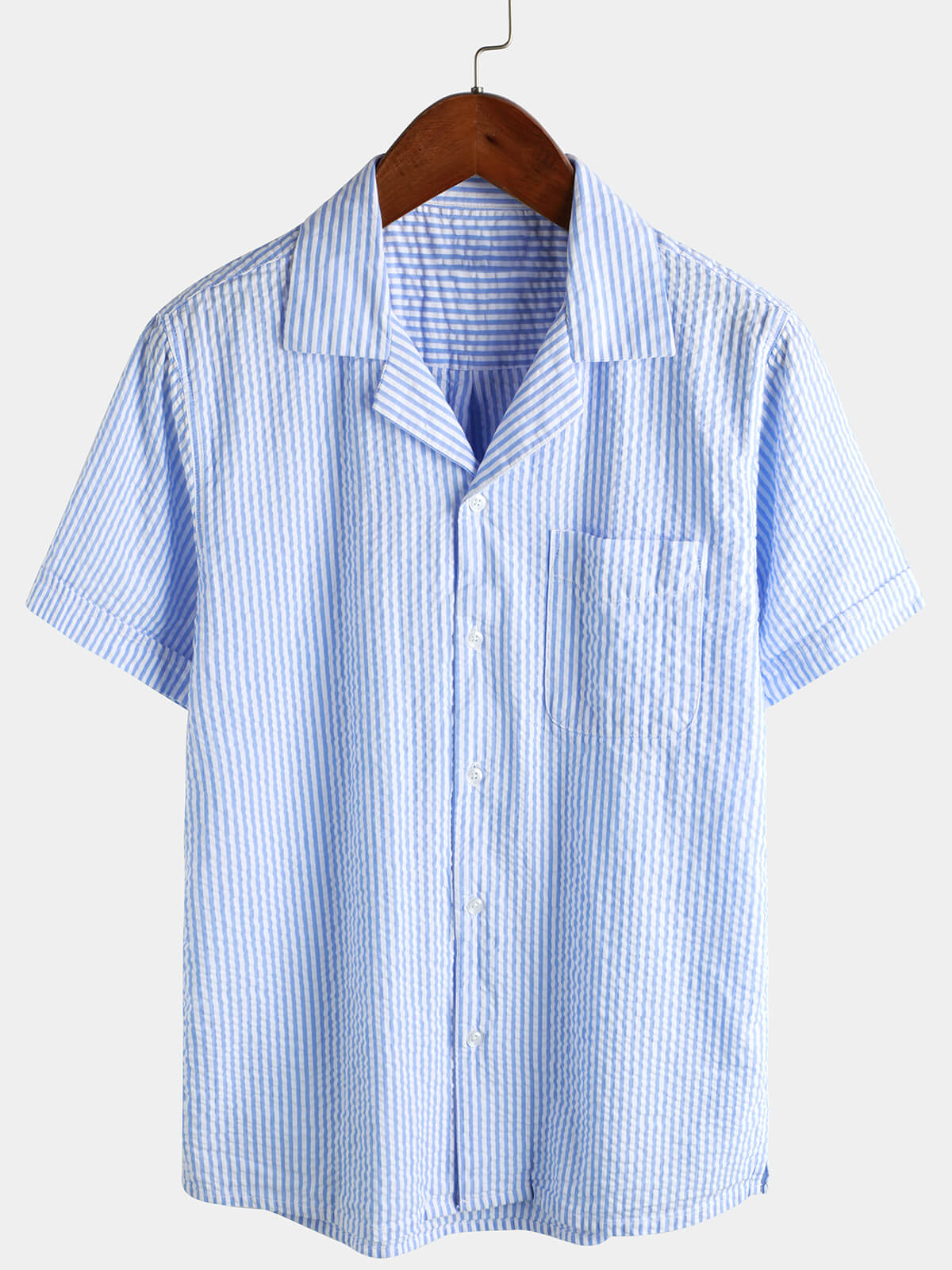 Camisa a rayas de algodón Blue Summer Button Up Cuban Collar Camp de manga corta Beach para hombre