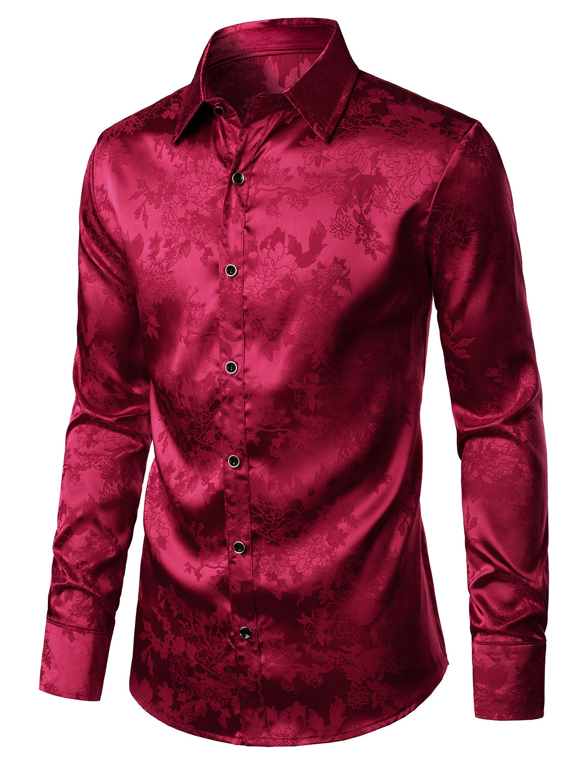 Camisa de vestir Shiny Satin floral Jacquard Red Button Up de manga larga para hombre