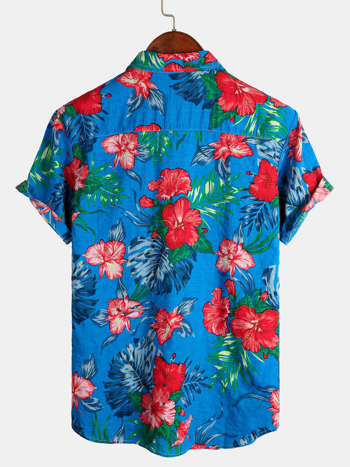 Camisa Blue Flower Tropical Hawaii de algodón de manga corta para hombre