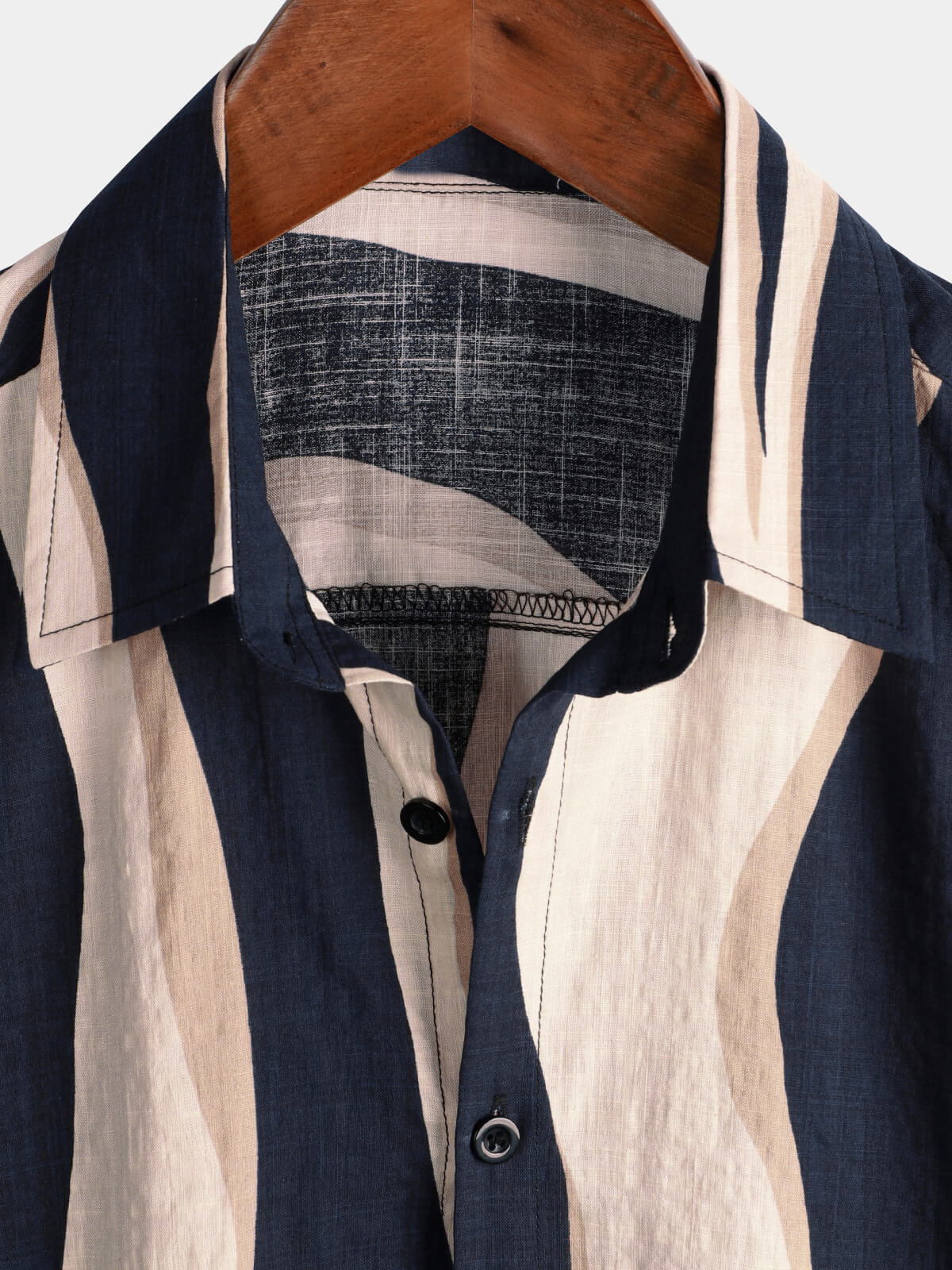 Camisa retro casual a rayas Summer Vacation Navy Blue Button Up de manga corta para hombre