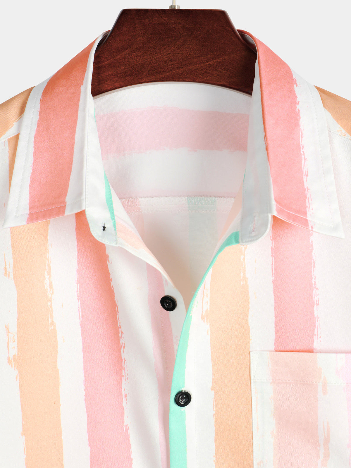 Camisa Summer Pink And White Vertical a rayas Pocket Button Up Rainbow de manga corta para hombre
