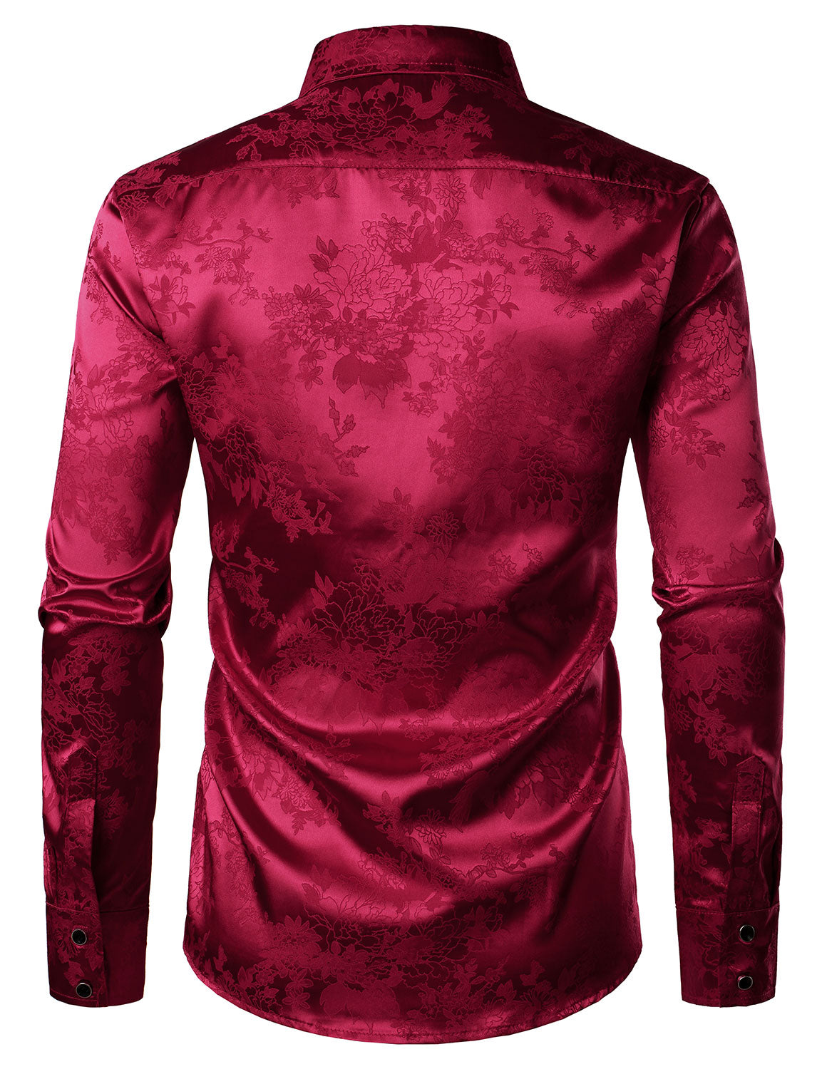 Camisa de vestir Shiny Satin floral Jacquard Red Button Up de manga larga para hombre
