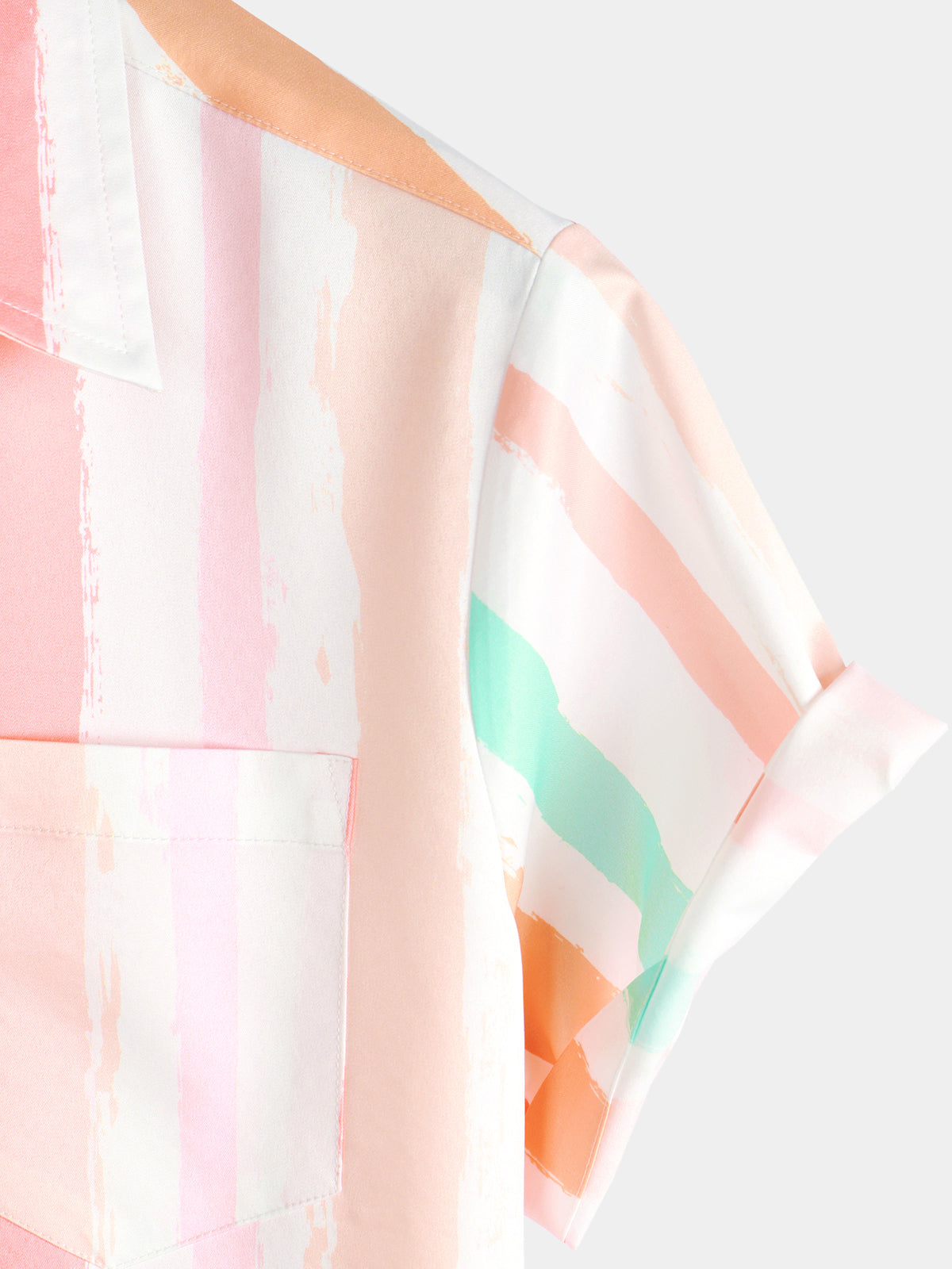Camisa Summer Pink And White Vertical a rayas Pocket Button Up Rainbow de manga corta para hombre