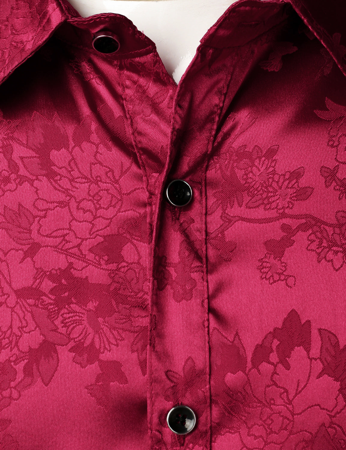 Camisa de vestir Shiny Satin floral Jacquard Red Button Up de manga larga para hombre