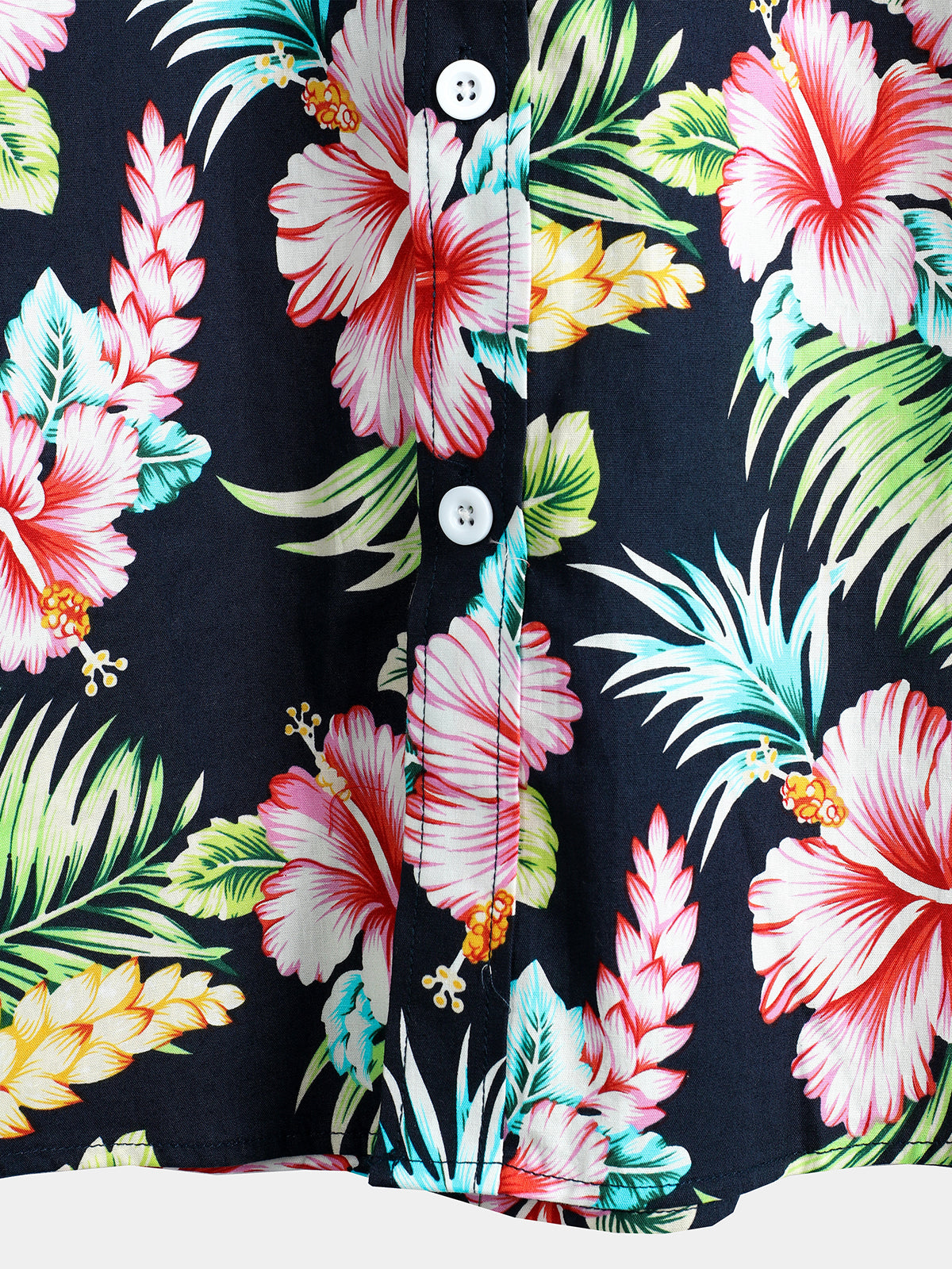 Dark Blue floral Holiday de manga corta de algodón Pockecamiseta para hombre