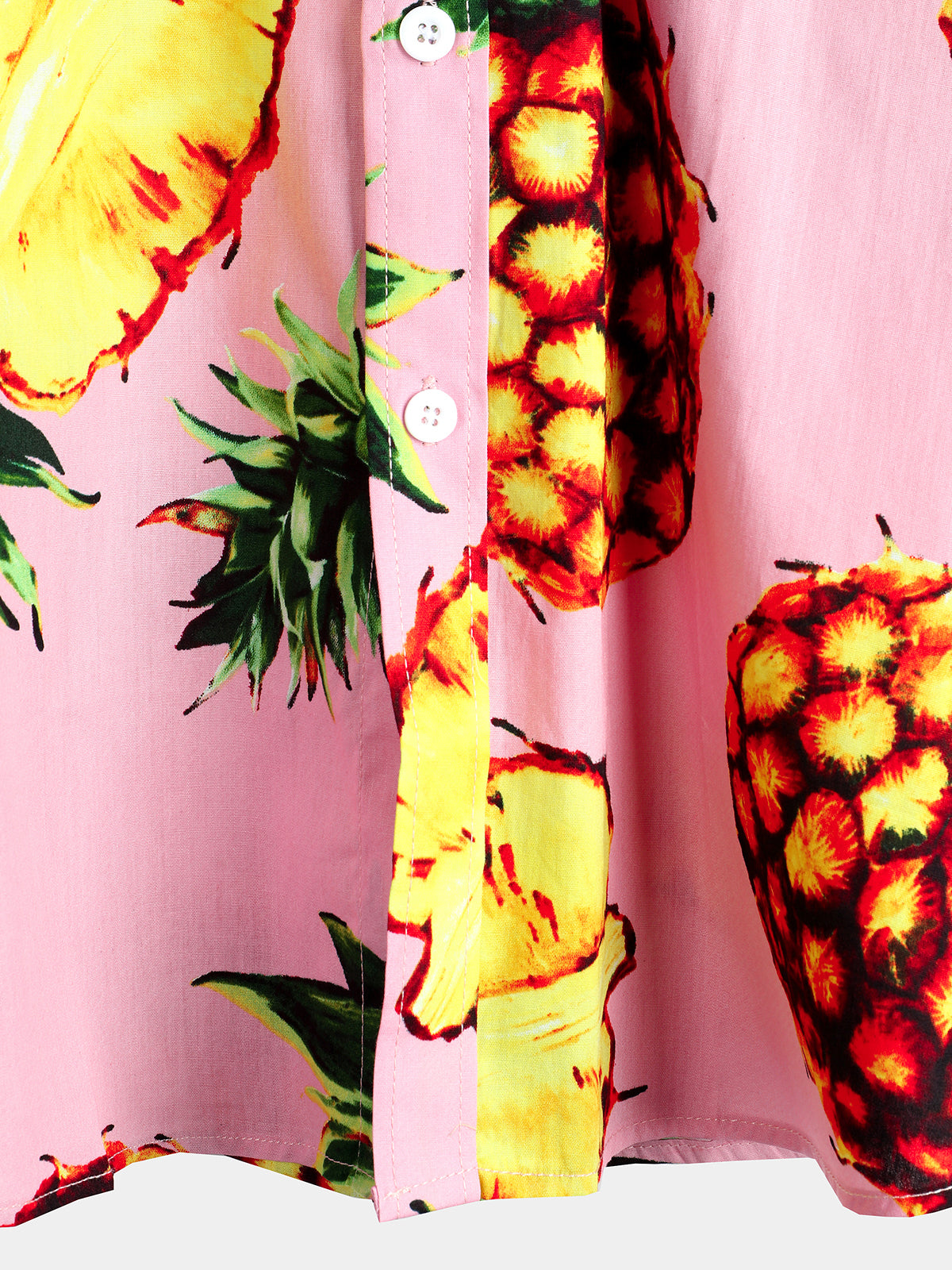 Camisa Pink Pineapple estampado Holiday Pocket de algodón para hombre