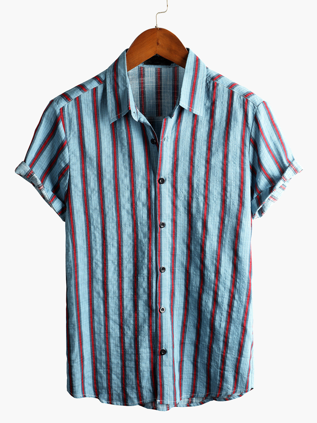 Camisa Blue a rayas casual de algodón de manga corta Button Up para hombre