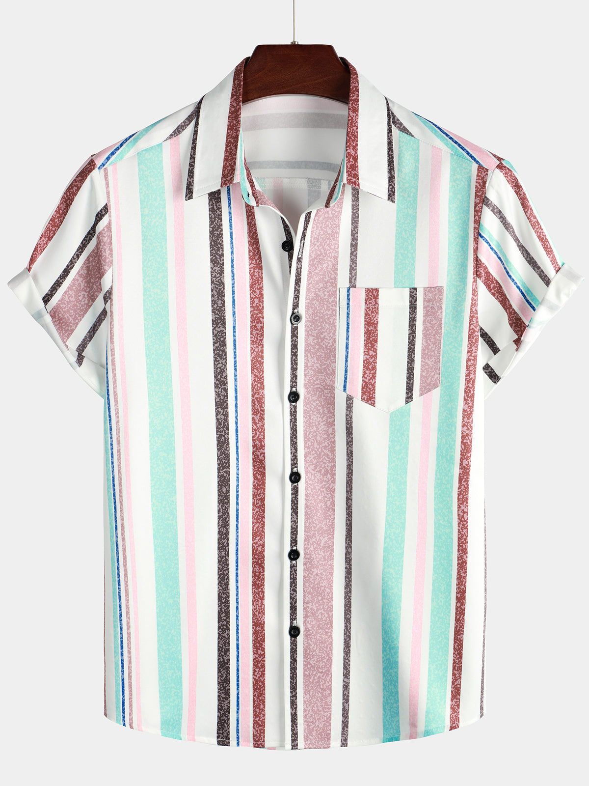 Colorful Button Up Vertical Rainbow a rayas de manga corta Pockecamiseta para hombre