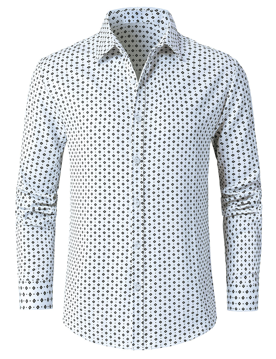 Camisa White retro Geometric estampado de manga larga para hombre