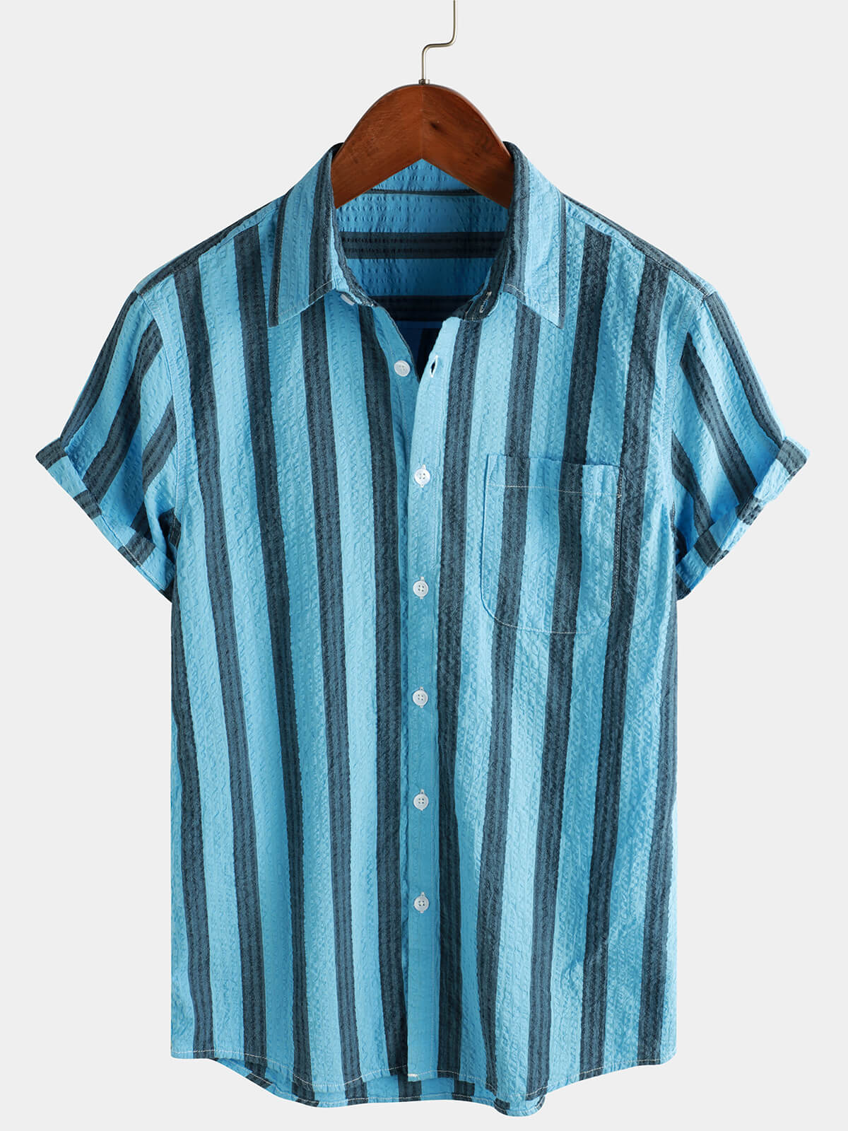 Camisa a rayas de algodón casual Pocket Hawaiian Holiday Button Up de manga corta para hombre