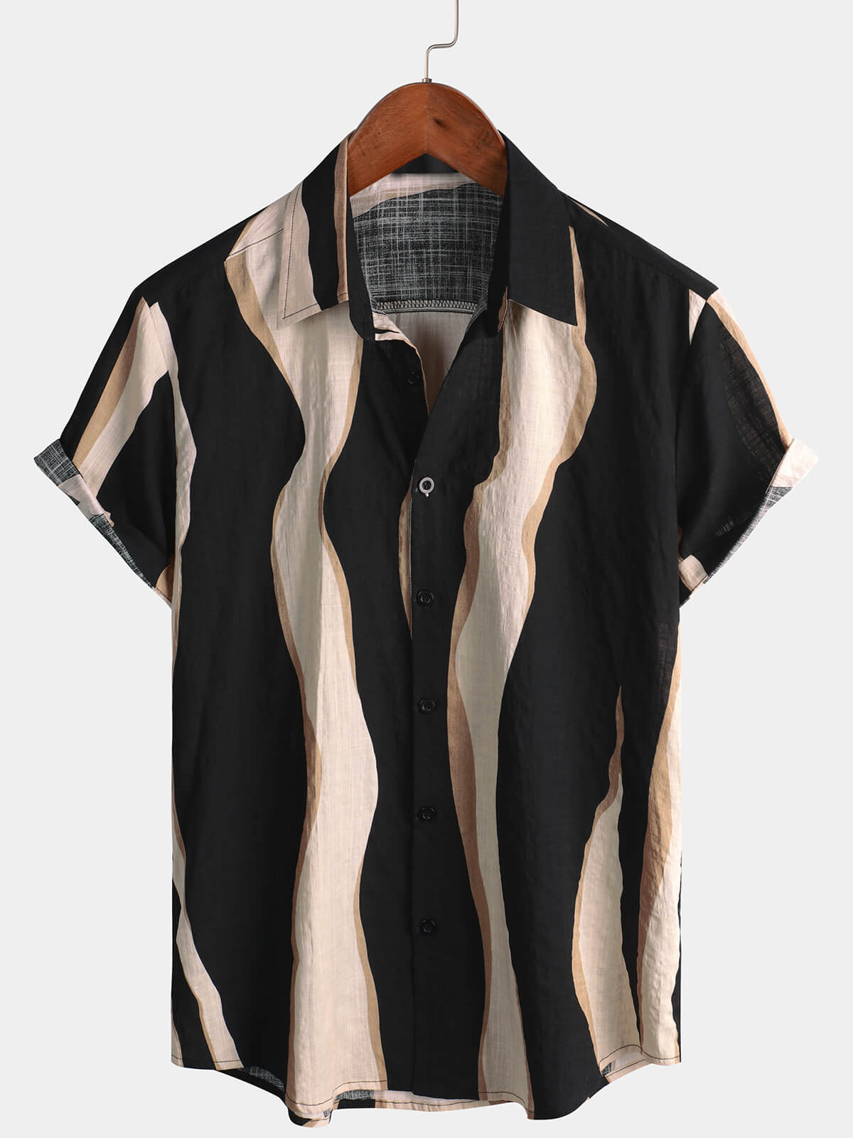 Camisa retro casual a rayas Summer Vacation Balck Button Up de manga corta para hombre