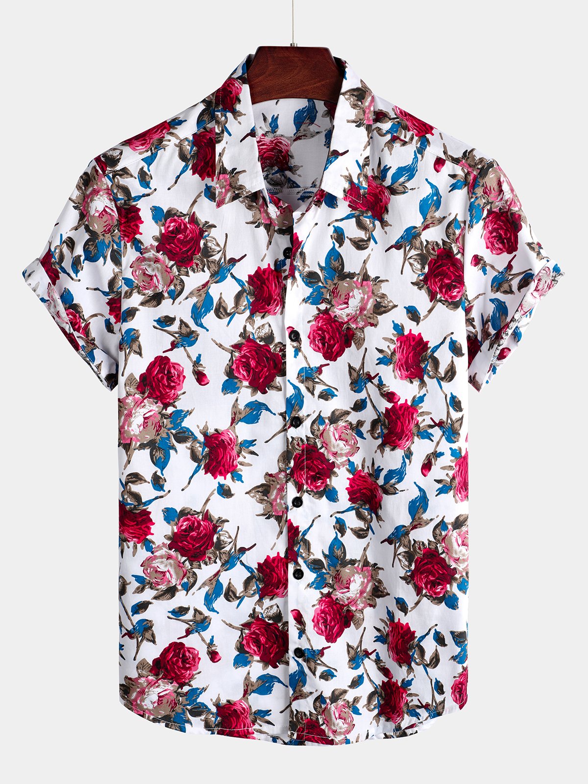 Camisa Rose estampado Holiday de algodón de manga corta para hombre
