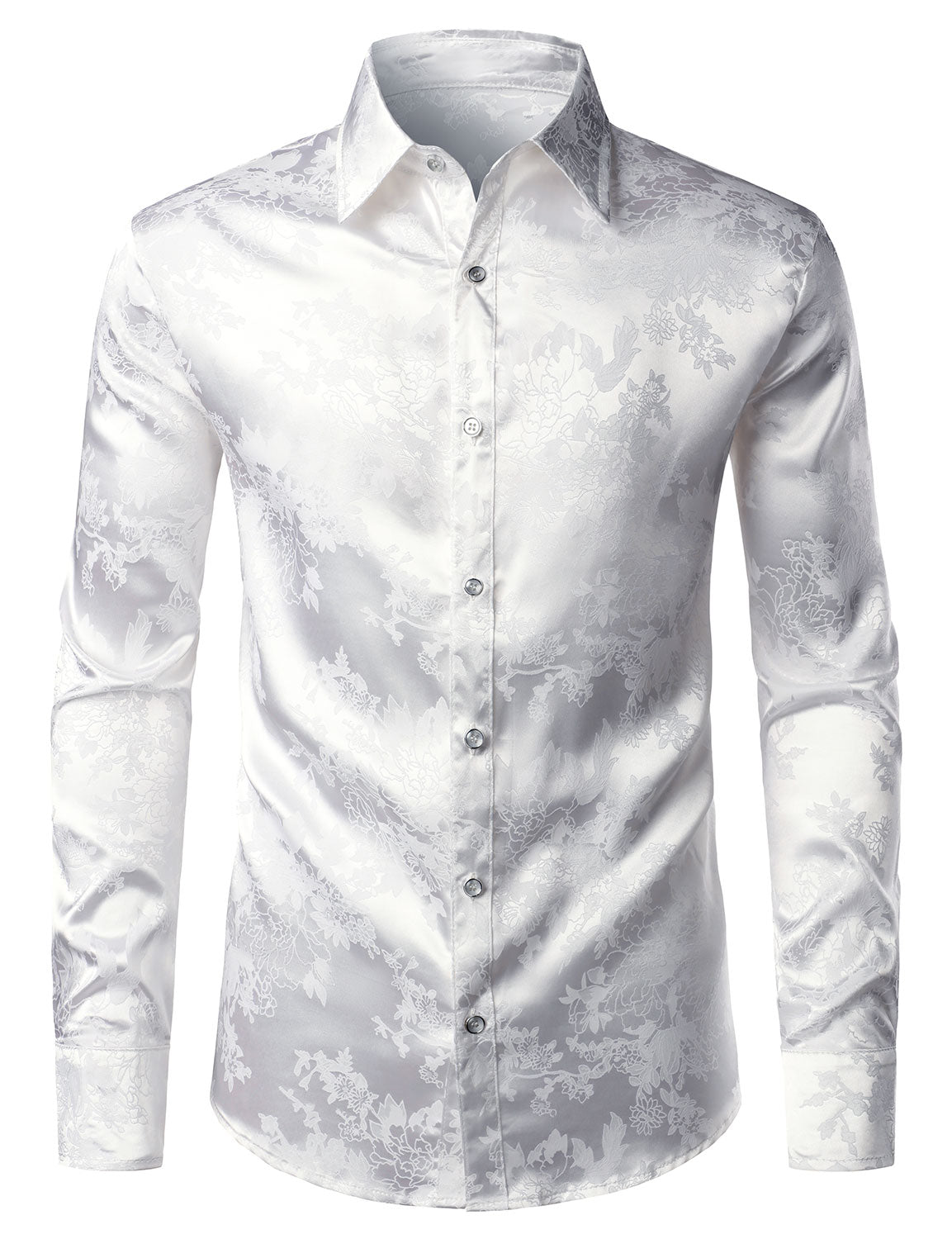 Camisa de vestir floral Jacquard Shiny Satin White de manga larga Button Up para hombre