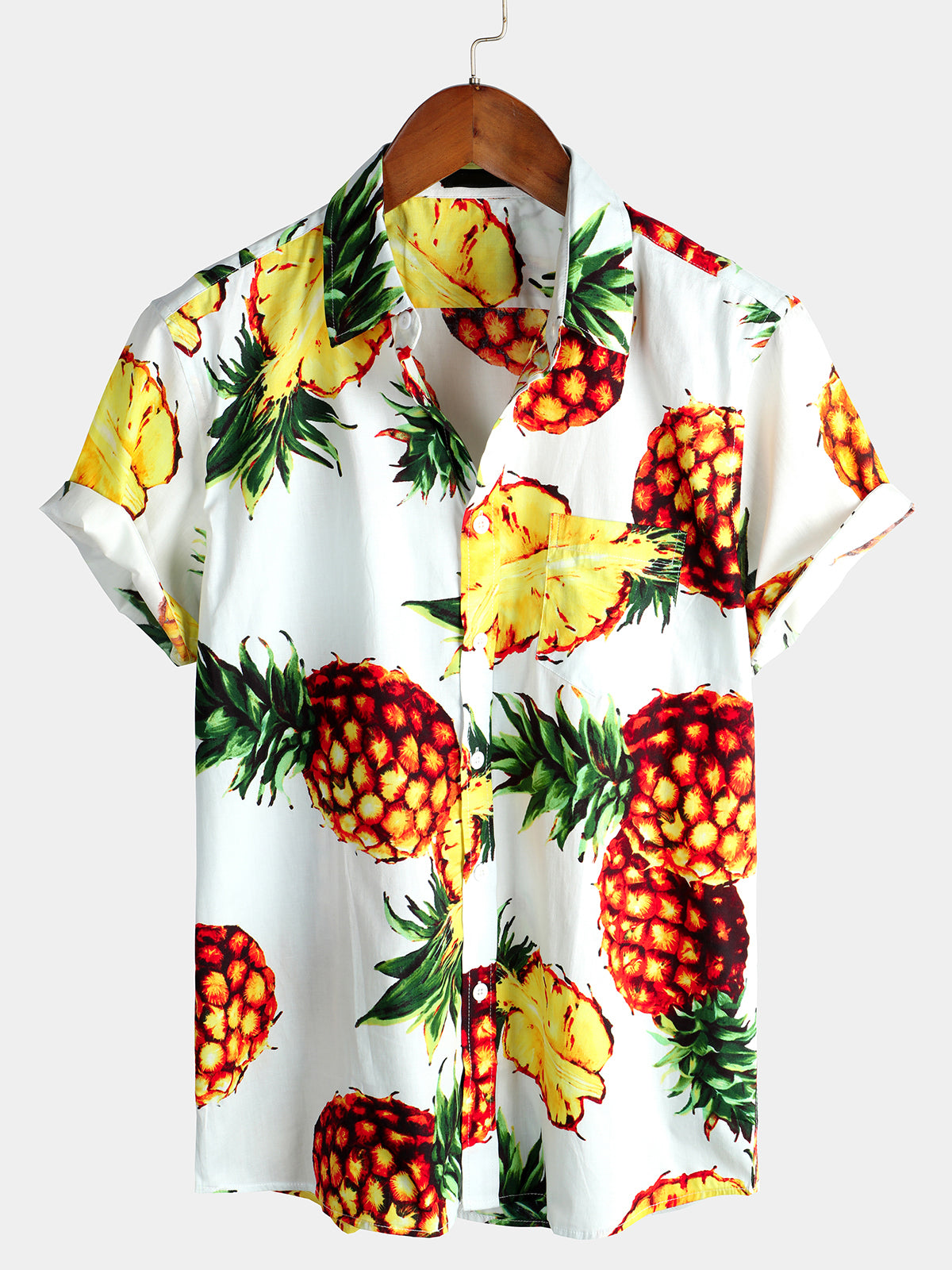 Camisa Pink Pineapple estampado Holiday Pocket de algodón para hombre