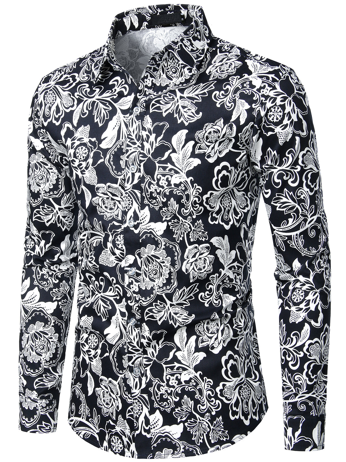 Camisa floral de algodón casual con botones de manga larga para hombre