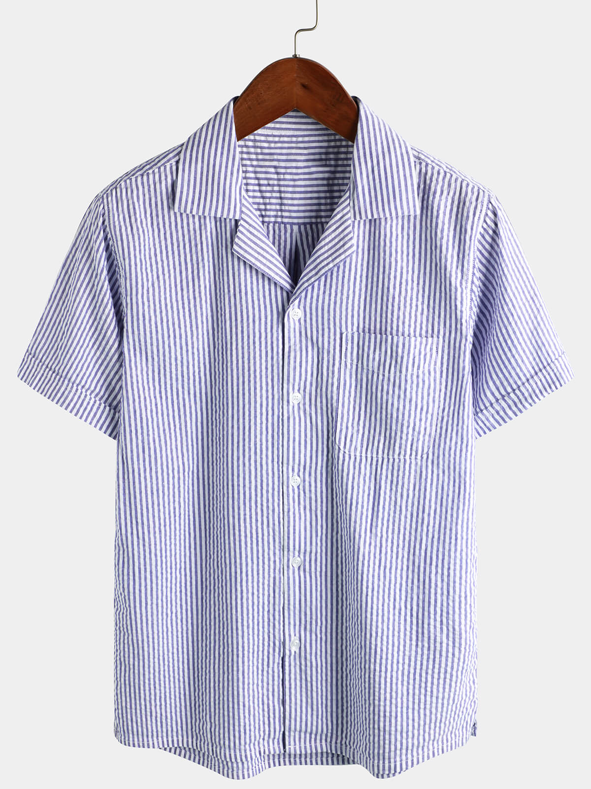 Camisa a rayas de algodón Blue Summer Button Up Cuban Collar Camp de manga corta Beach para hombre