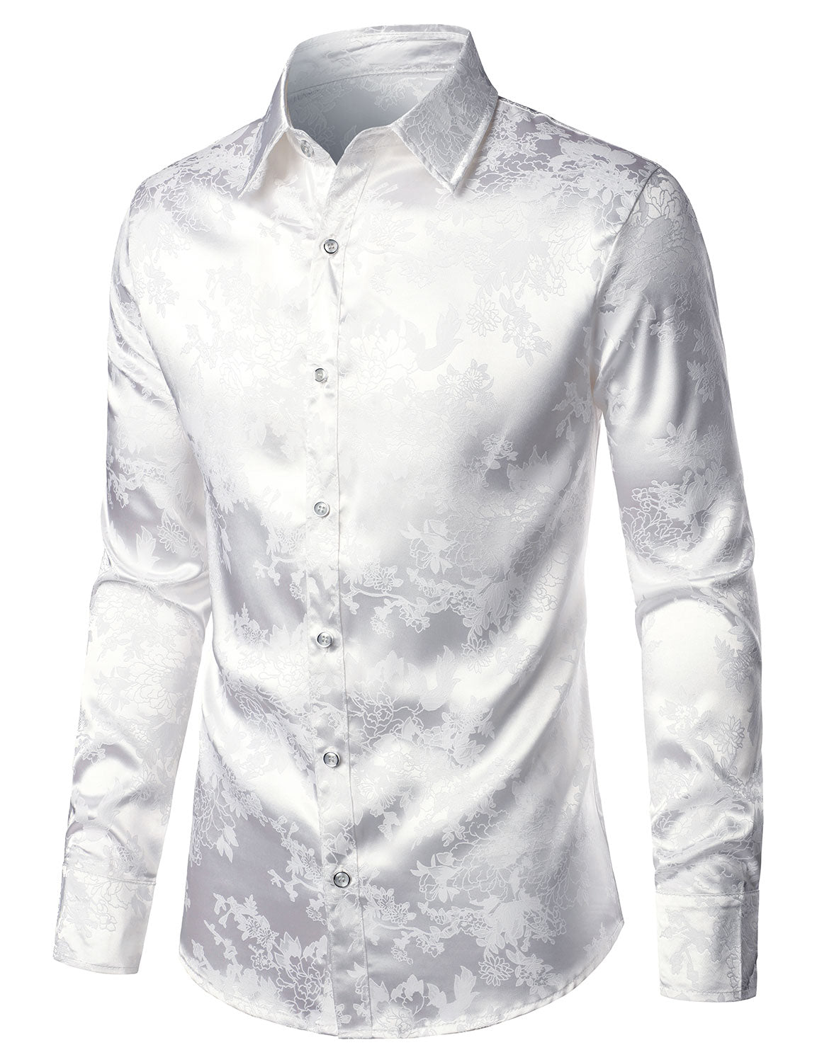 Camisa de vestir floral Jacquard Shiny Satin White de manga larga Button Up para hombre
