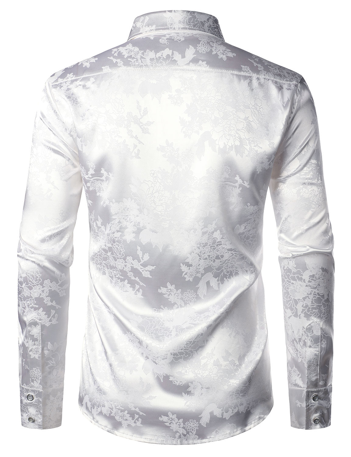 Camisa de vestir floral Jacquard Shiny Satin White de manga larga Button Up para hombre
