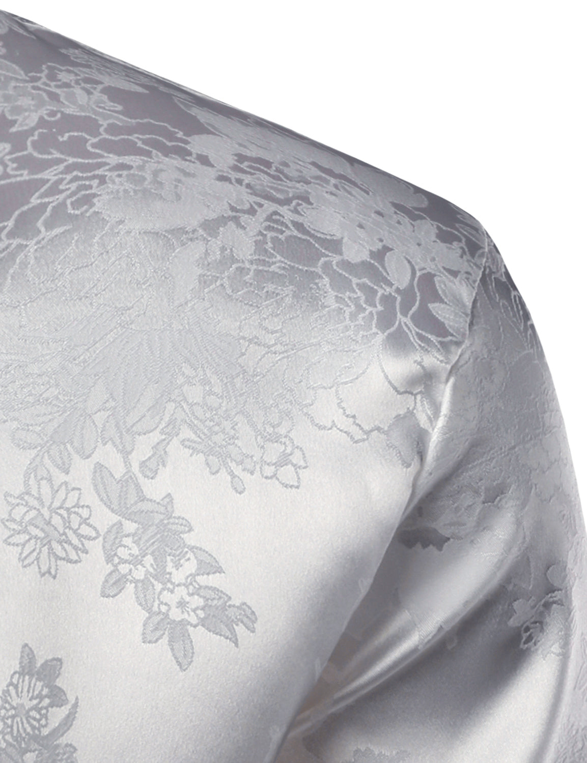 Camisa de vestir floral Jacquard Shiny Satin White de manga larga Button Up para hombre
