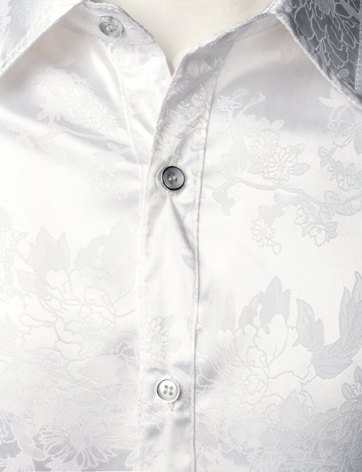 Camisa de vestir floral Jacquard Shiny Satin White de manga larga Button Up para hombre