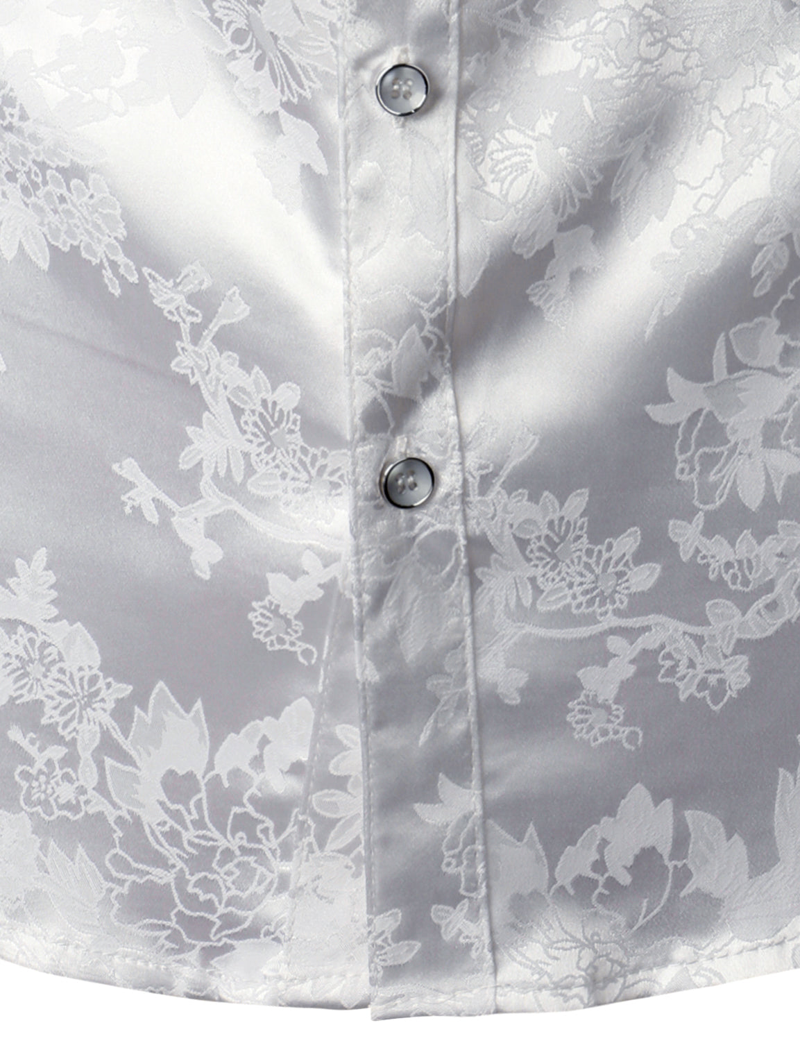 Camisa de vestir floral Jacquard Shiny Satin White de manga larga Button Up para hombre