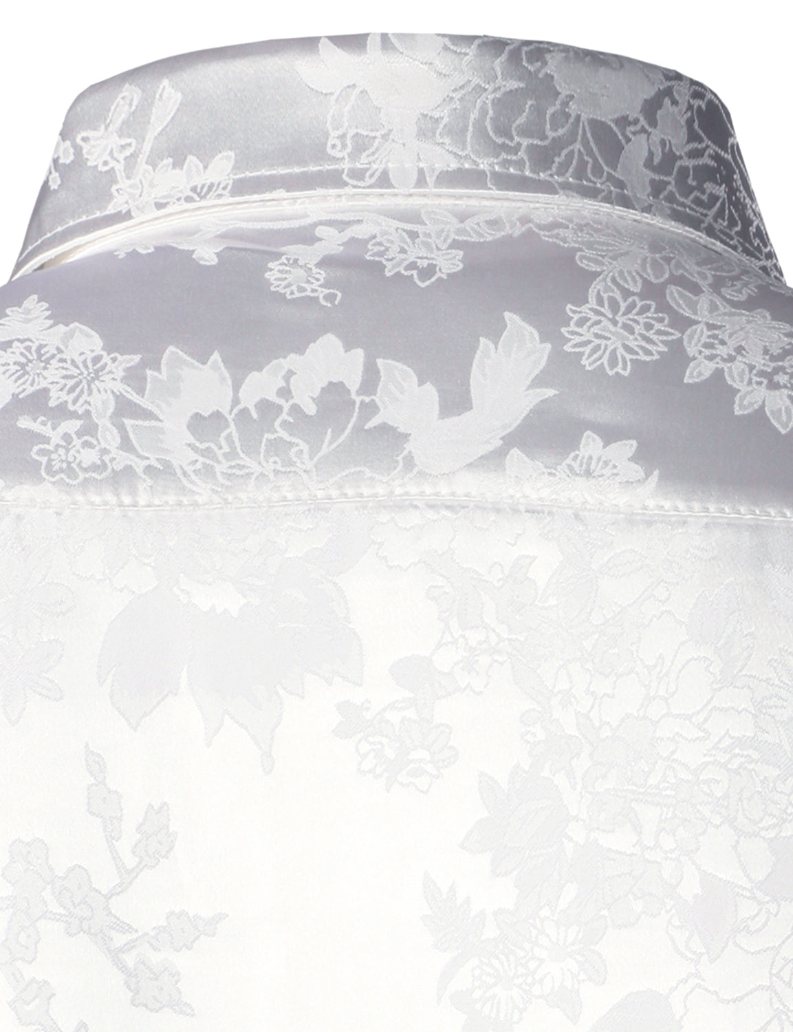 Camisa de vestir floral Jacquard Shiny Satin White de manga larga Button Up para hombre