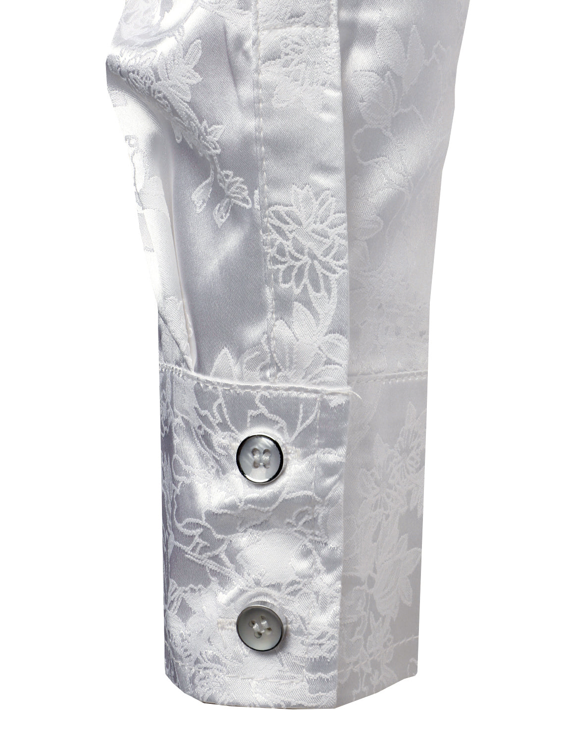 Camisa de vestir floral Jacquard Shiny Satin White de manga larga Button Up para hombre