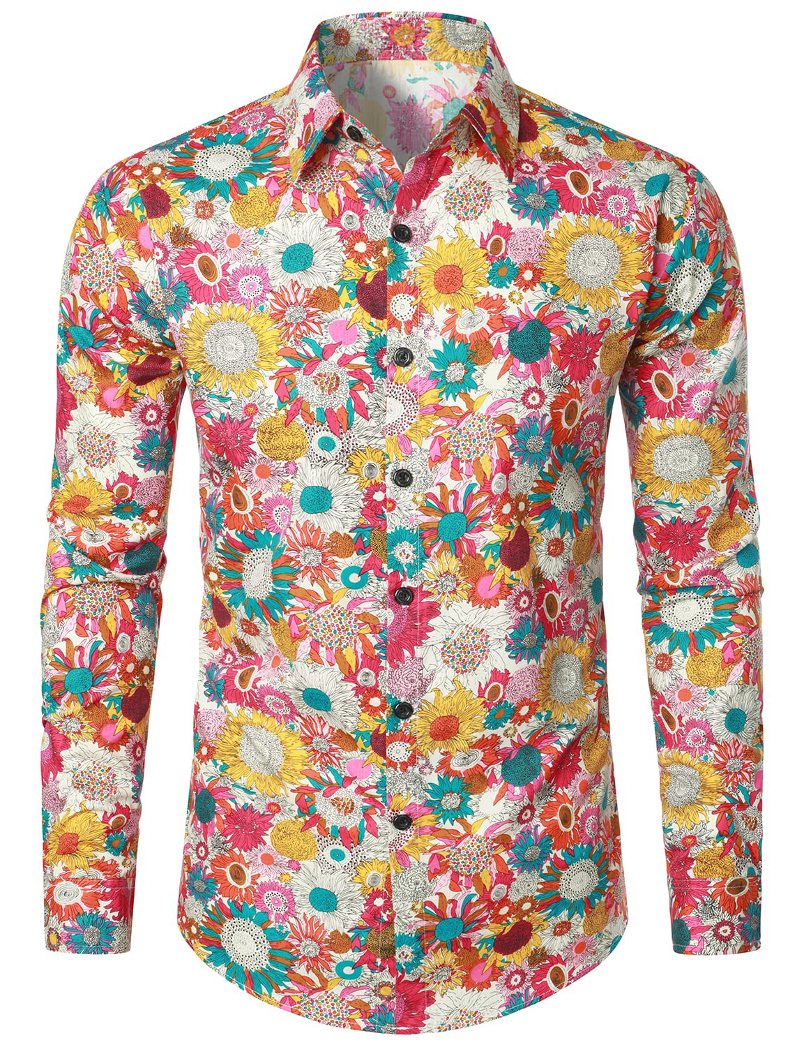 Camisa de vestir vintage floral estampado de algodón Flower Button Up 70s de manga larga para hombre