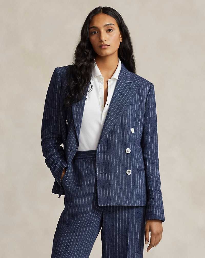 Blazers Ralph Lauren Pinstripe Linen Double-Breasted Mujer Navy/Cream Pinstripe | EURQMTL-05 - vista 1