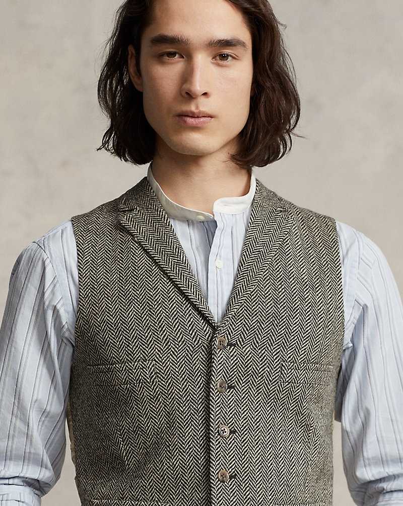 Blazers Ralph Lauren Wool Herringbone Tweed Waistcoat Hombre Negros Creme | XMVTQDP-26 - vista 5