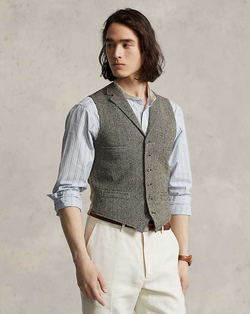 Blazers Ralph Lauren Wool Herringbone Tweed Waistcoat Hombre Negros Creme | XMVTQDP-26 - vista 1