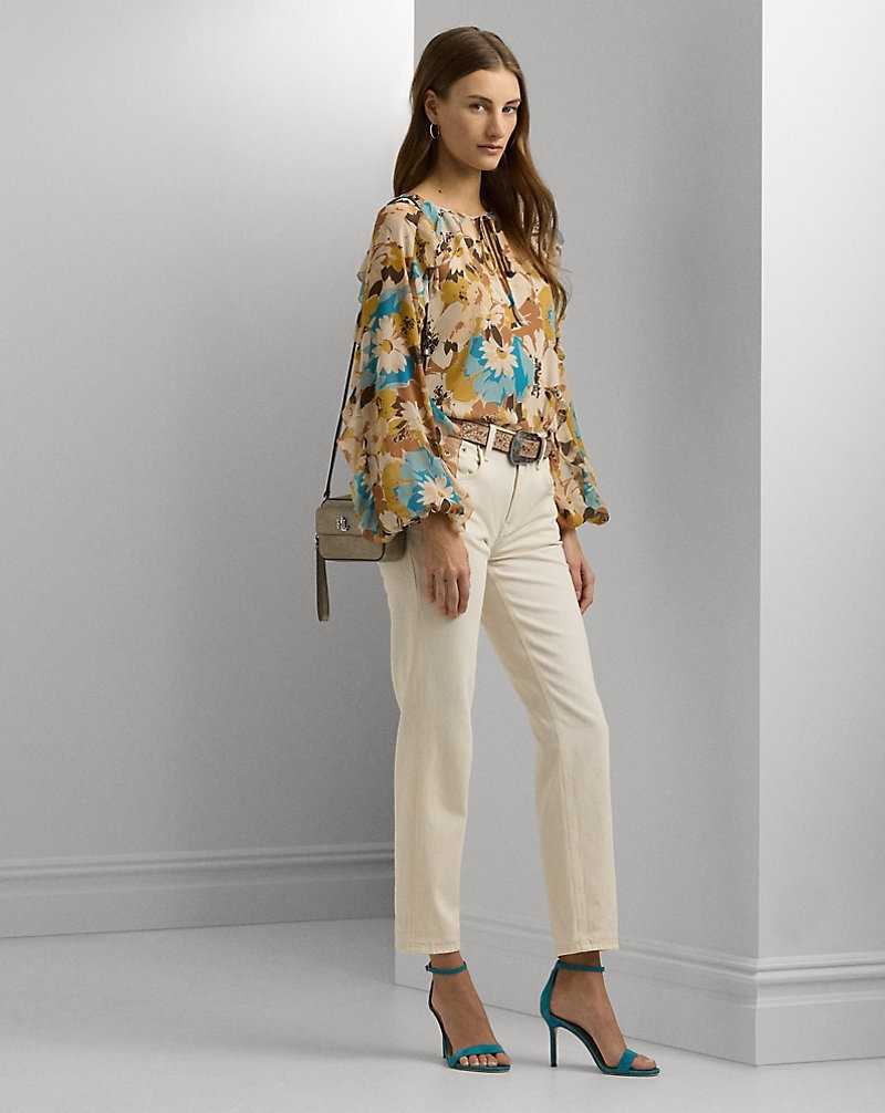 Blusa Ralph Lauren Floral Crinkle Georgette Tie-Neck Mujer Creme | PZJBFIK-72 - vista 3