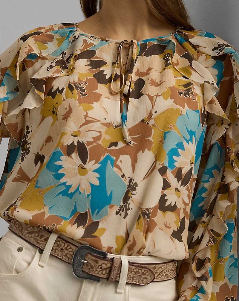 Blusa Ralph Lauren Floral Crinkle Georgette Tie-Neck Mujer Creme | PZJBFIK-72 - vista 5