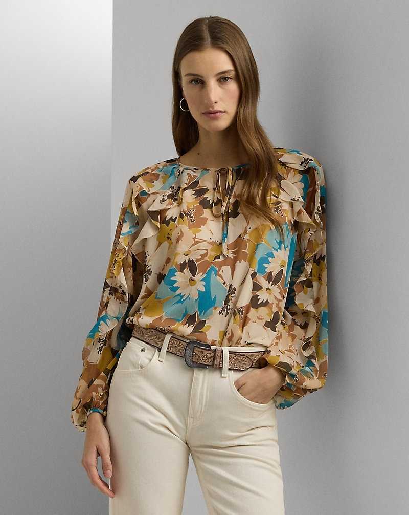 Blusa Ralph Lauren Floral Crinkle Georgette Tie-Neck Mujer Creme | PZJBFIK-72 - vista 1