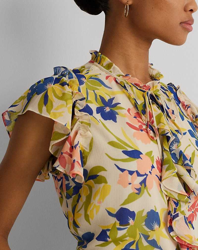 Blusa Ralph Lauren Floral Ruffle-Trim Georgette Mujer Cream/Blue Multi | NDUPYTR-28 - vista 5