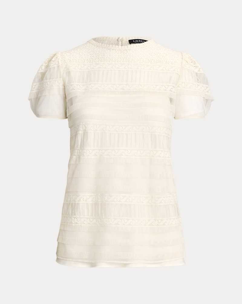 Blusa Ralph Lauren Lace-Trimmed Mesh Puff-Sleeve Mujer Creme | BZCTUPD-43 - vista 2