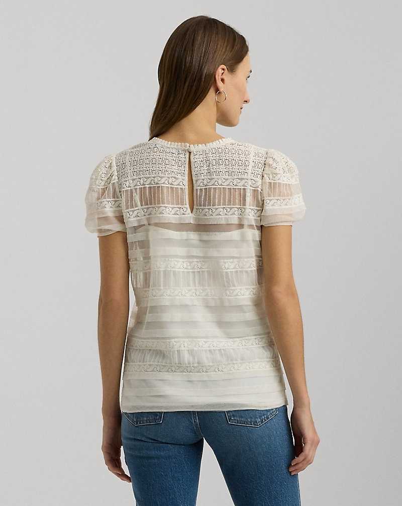 Blusa Ralph Lauren Lace-Trimmed Mesh Puff-Sleeve Mujer Creme | BZCTUPD-43 - vista 4
