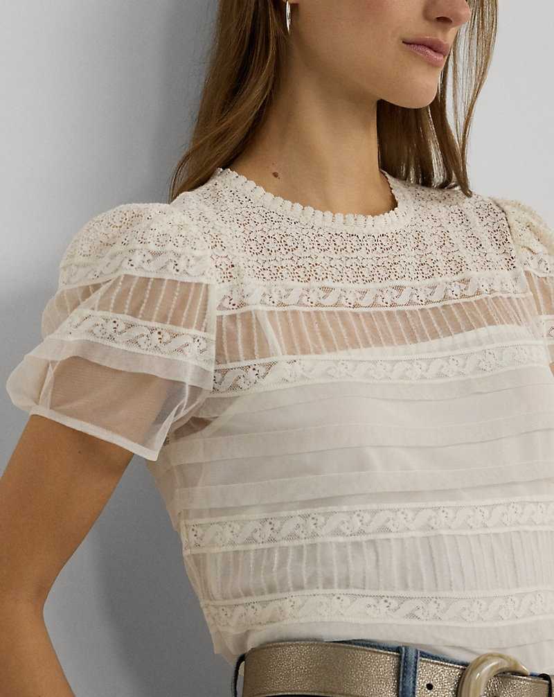 Blusa Ralph Lauren Lace-Trimmed Mesh Puff-Sleeve Mujer Creme | BZCTUPD-43 - vista 5