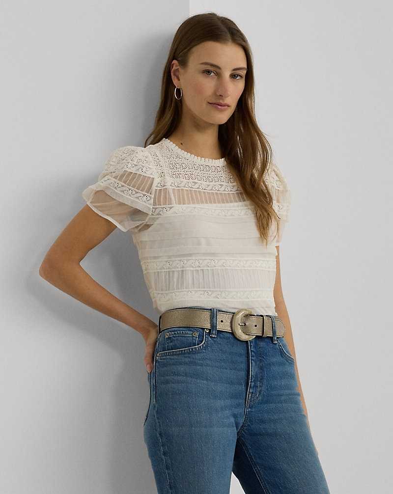 Blusa Ralph Lauren Lace-Trimmed Mesh Puff-Sleeve Mujer Creme | BZCTUPD-43 - vista 1