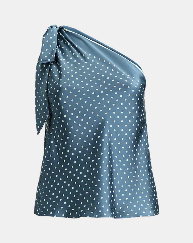 Blusa Ralph Lauren Polka-Dot Charmeuse One-Shoulder Mujer Blue/Cream | JWKSQOB-43 - vista 2