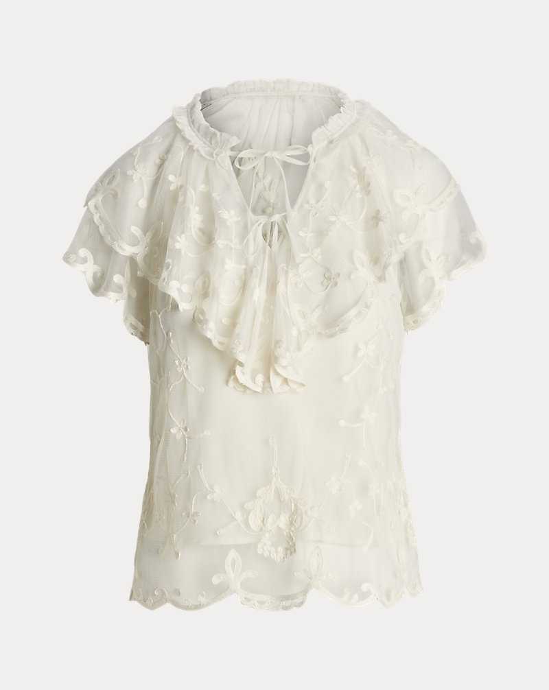 Blusa Ralph Lauren Ruffle-Trim Embroidered Mesh Mujer Blancos | POWJGQS-83 - vista 2